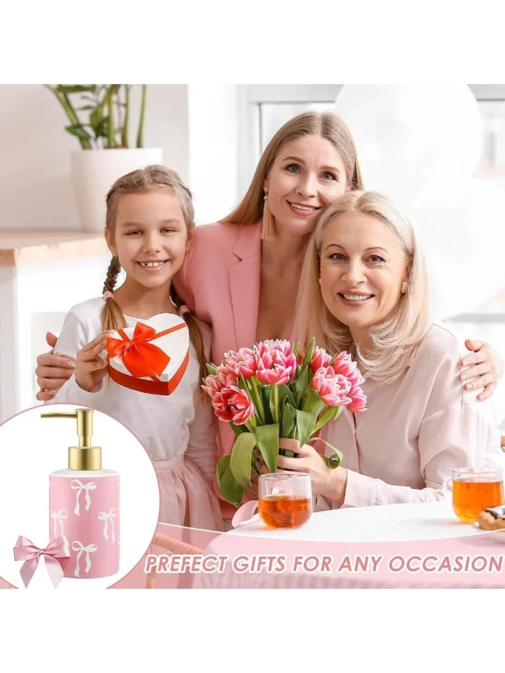 Cute Pink Bow Soap Dispenser - Ceramic Hand Pump, Rust-Proof, Preppy Bathroom